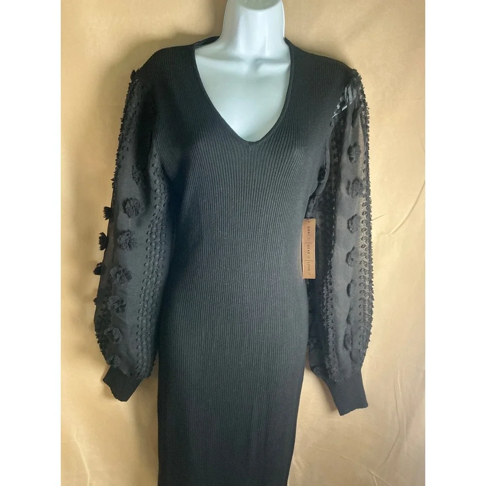 Almost Famous Ribbed Knit Dress Womens XL Black New Sheer 3D Pom Balloon Sleeve